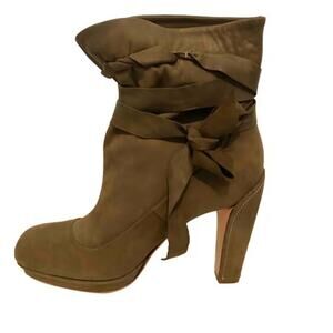 HUGO BOSS Olive Green Nubuck Suede Wrap Around Ankle Boots Blocked Heel Size 40